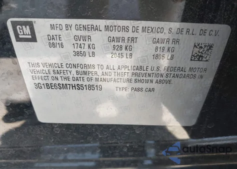 2017 Chevrolet Cruze Lt Auto z USA, uszkodzony, nr VIN 3G1BE6SM7HS518519